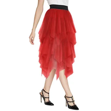 Women's Elegant Mesh Layered Tulle Skirt Sheer Tutu Skirt Midi Dress (Red, S)