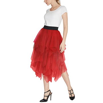 Women's Elegant Mesh Layered Tulle Skirt Sheer Tutu Skirt Midi Dress (Red, S)