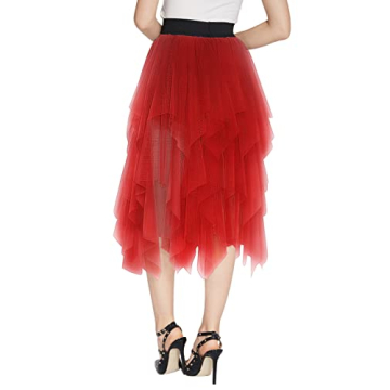 Women's Elegant Mesh Layered Tulle Skirt Sheer Tutu Skirt Midi Dress (Red, S)