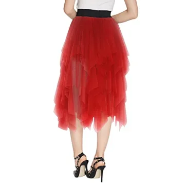 Women's Elegant Mesh Layered Tulle Skirt Sheer Tutu Skirt Midi Dress (Red, S)