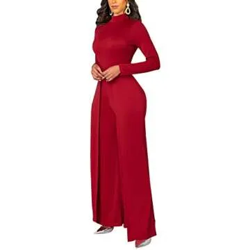 Red Plus Size Formal Jumpsuits for Women Dressy Long Sleeve Crew Neck Wedding Work Loose Long Wide Leg Pants Rompers Back Zipper