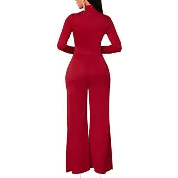 Red Plus Size Formal Jumpsuits for Women Dressy Long Sleeve Crew Neck Wedding Work Loose Long Wide Leg Pants Rompers Back Zipper