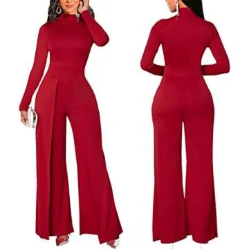 Red Plus Size Formal Jumpsuits for Women Dressy Long Sleeve Crew Neck Wedding Work Loose Long Wide Leg Pants Rompers Back Zipper