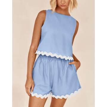 PRETTYGARDEN Women's 2 Piece Beach Vacation Outfits Casual Cropped Tank Top High Waist Shorts Set Tracksuit (Sky Blue,Small)