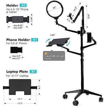 Viozon Selfie Live Floor Stand Set 5-in-1 10" LED Ring Light Microphone Mount moveable Compatible with 12-17" laptop/7-13 Tablet/3.5-6.7" Phone/Digital Camera SLR&DSLR Online Meeting Recording