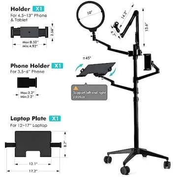 Viozon Selfie Live Floor Stand Set 5-in-1 10" LED Ring Light Microphone Mount moveable Compatible with 12-17" laptop/7-13 Tablet/3.5-6.7" Phone/Digital Camera SLR&DSLR Online Meeting Recording