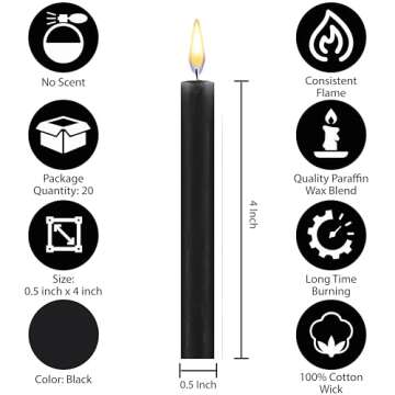 Dinil – Spell & Chime Candles (40 Black Candles) – 4" x 1/2" Premium Mini Taper Candles for Ritu...