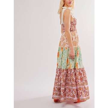 Women Boho Tie Shoulder Dress Y2k Floral Smocked Long Flowy Dresses Cute Summer Beach Spaghetti Stra...