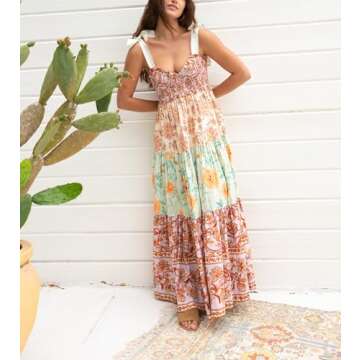 Women Boho Tie Shoulder Dress Y2k Floral Smocked Long Flowy Dresses Cute Summer Beach Spaghetti Strap Maxi Sundress