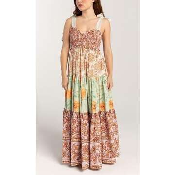 Women Boho Tie Shoulder Dress Y2k Floral Smocked Long Flowy Dresses Cute Summer Beach Spaghetti Strap Maxi Sundress