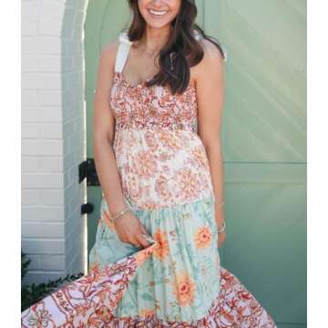 Women Boho Tie Shoulder Dress Y2k Floral Smocked Long Flowy Dresses Cute Summer Beach Spaghetti Strap Maxi Sundress