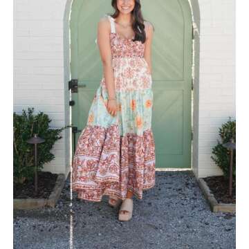 Women Boho Tie Shoulder Dress Y2k Floral Smocked Long Flowy Dresses Cute Summer Beach Spaghetti Strap Maxi Sundress