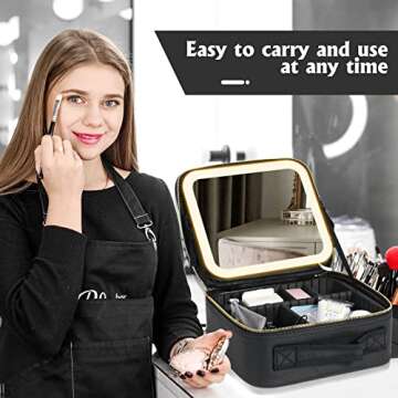 Silent Valley Makeup Train Case with LED Mirror 3 Color Light Adjustable Brightness Cosmetic Travel Case Portable Makeup Organizer Adjustable Dividers Toiletry Jewelry Gift for Lady Black