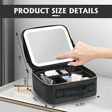 Silent Valley Makeup Train Case with LED Mirror 3 Color Light Adjustable Brightness Cosmetic Travel Case Portable Makeup Organizer Adjustable Dividers Toiletry Jewelry Gift for Lady Black