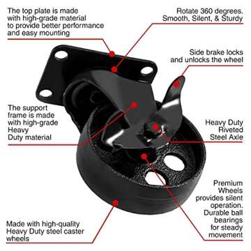 FactorDuty 4 All Black Metal Swivel Plate Caster Wheels w/Brake Lock Heavy Duty High-Gauge Steel (4" with Brake)