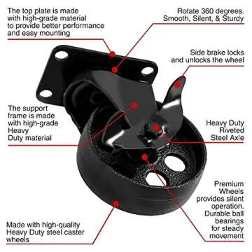 FactorDuty 4 All Black Metal Swivel Plate Caster Wheels w/Brake Lock Heavy Duty High-Gauge Steel (4" with Brake)