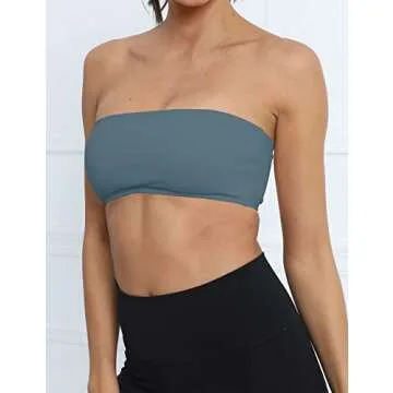 Meladyan Women Sports Bra Strapless Bandeau Solid Wireless Support Bralette Backless Sleeveless Crop Tube Top Yoga Workout Ash Blue