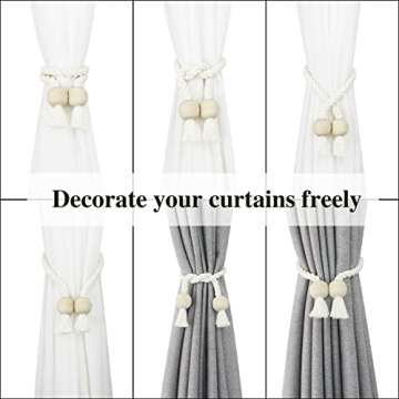 Nieffeiy 2 Pack Magnetic Curtain Tiebacks Cotton Hand Woven Tie Back Decorative Rope Holdbacks for Curtains Draperies No Tools Required, Cream