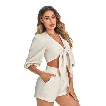 SweatyRocks Women's Summer 2 Piece Outfits Lantern Sleeve V Neck Tie Front Crop Top and Shorts Set Apricot S