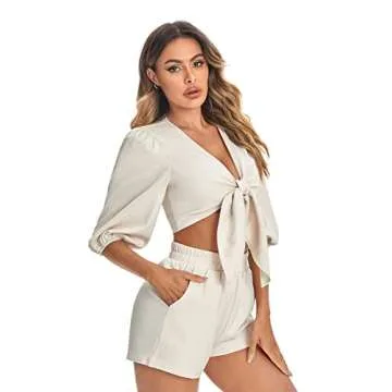 SweatyRocks Women's Summer 2 Piece Outfits Lantern Sleeve V Neck Tie Front Crop Top and Shorts Set Apricot S