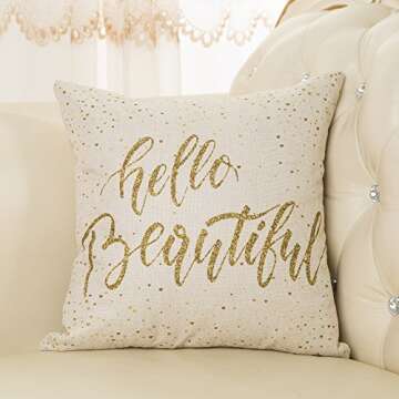 Fjfz Girl Nursery Decorative Throw Pillow Covers 18 x 18 Hello Beautiful Motivational Sign Inspirational Quote Girly Decoration Cotton Linen Home Decorative Pillow Case Cushion Cover for Sofa Couch