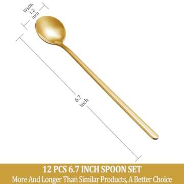 12 Pcs Coffee Spoons Set, 6.7" Gold Tea Spoons Long Handle, Stirring Spoons, Gold Small Teaspoons, S...