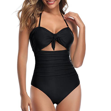 Tempt Me Women Black Sexy Cutout One Piece Swimsuits Tummy Control High Waisted Halter Front Tie Kno...