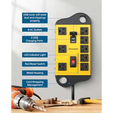 DEWENWILS 8-Outlet Metal Power Strip Surge Protector with 2 USB Ports, UL Listed, 15 Ft Flat Plug Extension Cord, Heavy Duty Industrial Power Strip,15A Circuit Breaker, 1440Joules, Wall Mount