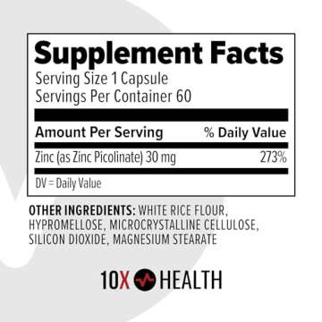 10X Health Zinc Picolinate - Contains Zinc 30mg for DNA & Protein Synthesis, Overall Wellness & Immu...