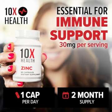 10X Health Zinc Picolinate - Contains Zinc 30mg for DNA & Protein Synthesis, Overall Wellness & Immune Support Supplement - Zinc Supplements - 60 Capsules