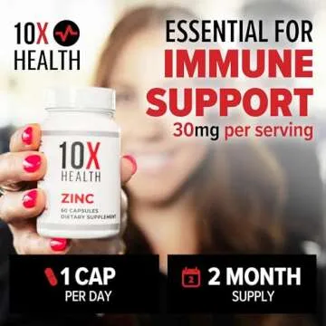 10X Health Zinc Picolinate - Contains Zinc 30mg for DNA & Protein Synthesis, Overall Wellness & Immune Support Supplement - Zinc Supplements - 60 Capsules