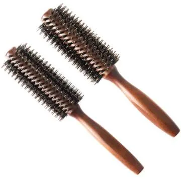 Boar Bristle Round Hair Brush Set with Nylon Pin, Wooden Handle for Straightening Curling Volumizing...