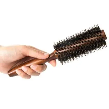 Boar Bristle Round Hair Brush Set with Nylon Pin, Wooden Handle for Straightening Curling Volumizing and Detangling (2 in 1)