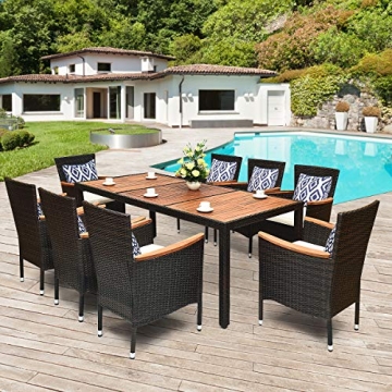 Tangkula 9 Piece Outdoor Dining Set, Garden Patio Wicker Set w/Cushions, Furniture with Acacia Wood ...