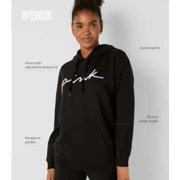 Victoria's Secret Women's PINK Logo Campus Hoodie Sweatshirt, Black Multi, (XXL)
