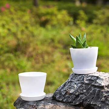 TDHDIKE 10 Pcs Plastic Planters Indoor Flower Plant Pots, Mini Flower Seedlings Nursery Pot/Planter/Flower Pot with Pallet, Modern Decorative Gardening Containers (White)