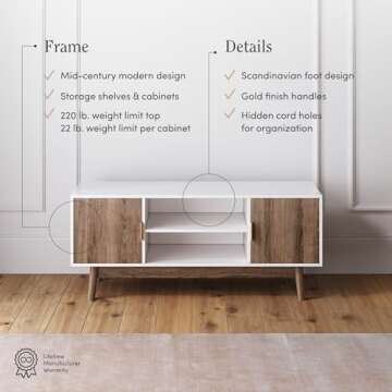 Nathan James Wesley Scandinavian TV Stand Media Console with Wooden Frame and Cabinet Doors, White/Rustic Oak
