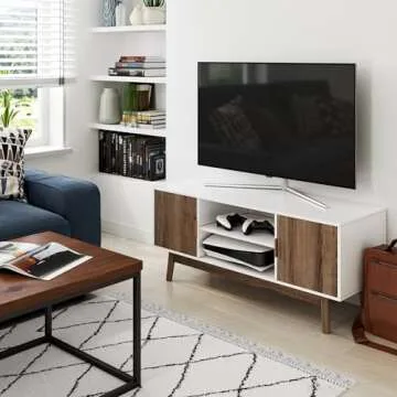 Nathan James Wesley Scandinavian TV Stand Media Console with Wooden Frame and Cabinet Doors, White/Rustic Oak