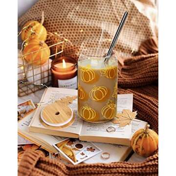 Pumpkins Beer Can Glass Fall Iced Coffee Glass Halloween 16 OZ Soda Can Shaped Glass with Lid Straw And Cleaning Brush Autumn Orange Birthday Retirement Latte Drinking Cup Gifts for Her Thanksgiving