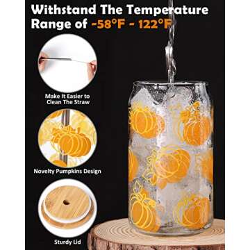 Pumpkins Beer Can Glass Fall Iced Coffee Glass Halloween 16 OZ Soda Can Shaped Glass with Lid Straw And Cleaning Brush Autumn Orange Birthday Retirement Latte Drinking Cup Gifts for Her Thanksgiving