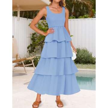 ZESICA Women's 2025 Summer Boho Sleeveless Midi Dress Scoop Neck Ruffle Tiered Layered Swing Long Be...