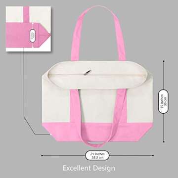 TOPDesign Stylish Canvas Tote Bag with an External Pocket, Top Zipper Closure, Daily Essentials (Pink/Natural)