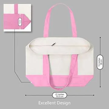 TOPDesign Stylish Canvas Tote Bag with an External Pocket, Top Zipper Closure, Daily Essentials (Pink/Natural)