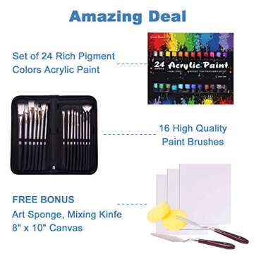 Acrylic Paint Set, 48 Piece Professional Painting Supplies Set, Includes 24 Color Acrylic Paints, 16...