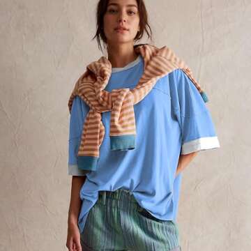 Songling Womens 3/4 Length Sleeve Casual Loose Fit Summer Tee Shirt Basics Cotton t Shirts Trendy Tops(Blue,M), Medium