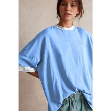 Songling Womens 3/4 Length Sleeve Casual Loose Fit Summer Tee Shirt Basics Cotton t Shirts Trendy Tops(Blue,M), Medium