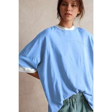 Songling Womens 3/4 Length Sleeve Casual Loose Fit Summer Tee Shirt Basics Cotton t Shirts Trendy Tops(Blue,M), Medium