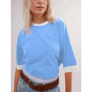 Songling Womens 3/4 Length Sleeve Casual Loose Fit Summer Tee Shirt Basics Cotton t Shirts Trendy Tops(Blue,M), Medium