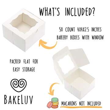 BAKELUV 50pcs White Small Cookie Boxes with Window, 4x4x2.5 Inches Bakery Boxes, Mini Cake, Treats, ...