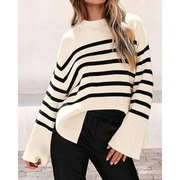 KIRUNDO Women's Striped Knit Oversized Fall Sweaters 2025 Trendy Clothes Crewneck Winter Pullover Sweater Side Split(Beige, Small)